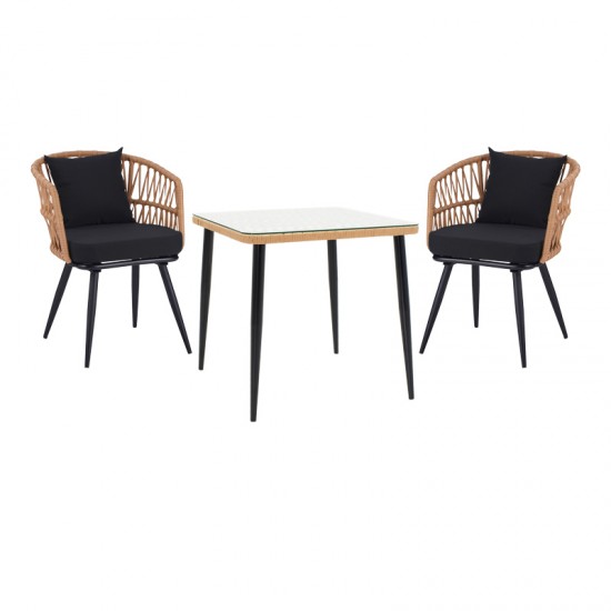 Τραπεζαρία Naoki σετ 3 τεμ pakoworld μέταλλο μαύρο-pe φυσικό-γυαλί 80x80x78εκ