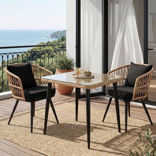 Τραπεζαρία Naoki σετ 3 τεμ pakoworld μέταλλο μαύρο-pe φυσικό-γυαλί 80x80x78εκ