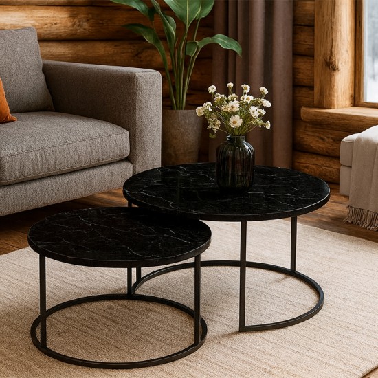 Τραπέζια σαλονιού Solme pakoworld 2τεμ μαύρο εφε μαρμάρου με μαύρα μεταλλικά πόδια