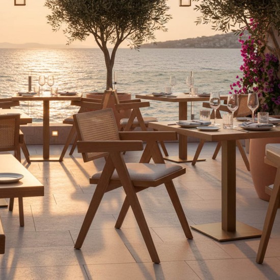 Πολυθρόνα Winslow pakoworld ξύλο rubberwood ανοικτό καρυδί-pvc rattan φυσικό-ύφασμα γκρι