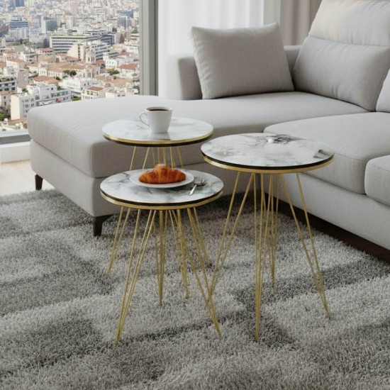 Βοηθητικά τραπέζια Wakmi pakoworld σετ 3τεμ λευκό μπεζ μαρμάρου μελαμίνης-χρυσό μέταλλο