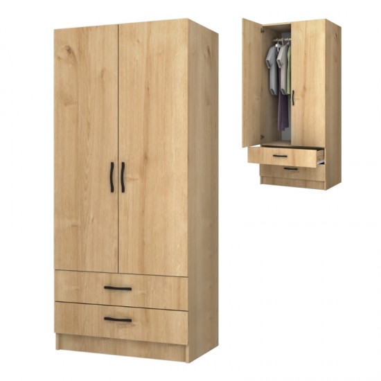 Ντουλάπα ρούχων Ricardo Megapap δίφυλλη με συρτάρια χρώμα φυσικό οξιάς 80x51,8x181εκ.