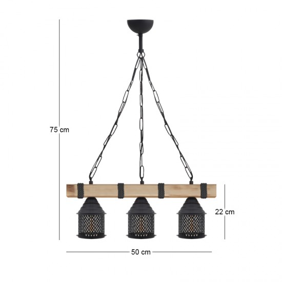 Φωτιστικό οροφής Elora Megapap E27 ξύλινο - μεταλλικό τρίφωτο χρώμα φυσικό - μαύρο 50x13x75εκ.