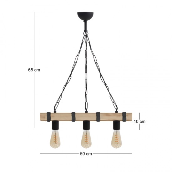 Φωτιστικό οροφής Vero Megapap E27 ξύλινο τρίφωτο χρώμα φυσικό - μαύρο 50x8x65εκ.