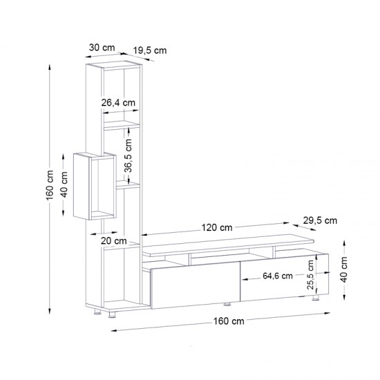 Σύνθεση τηλεόρασης Tulip Megapap χρώμα λευκό - καρυδί 160x29,5x160εκ.