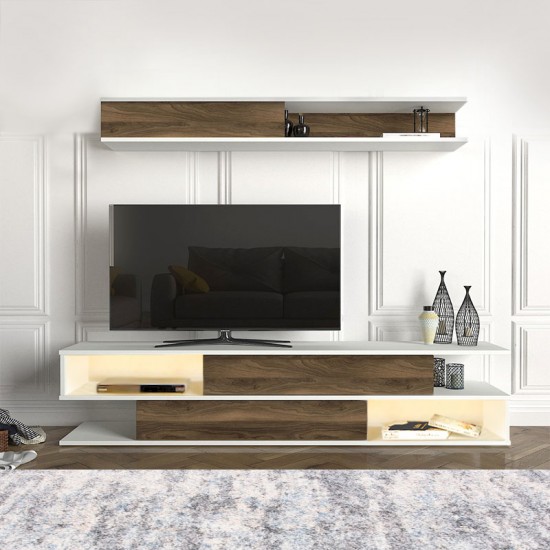 Σύνθεση τηλεόρασης Manet Megapap με LED χρώμα λευκό - καρυδί 180x29,5x39εκ.