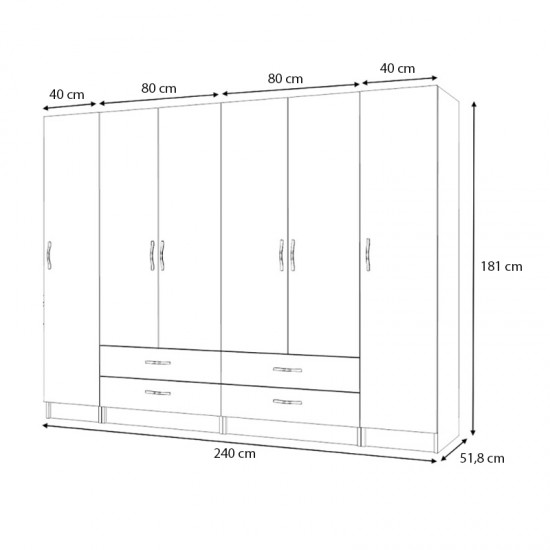 Ντουλάπα ρούχων Ricardo Megapap εξάφυλλη με συρτάρια χρώμα λευκό 240x51,8x181εκ.