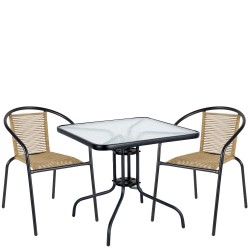 Σετ Τραπεζαρία Κήπου ArteLibre MARS Μαύρο/Φυσικό Rattan/Γυαλί/Μέταλλο Με 2 Πολυθρόνες 14990520
