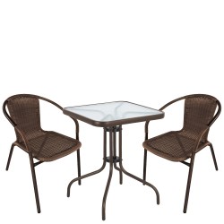 Σετ Τραπεζαρία Κήπου ArteLibre MARS Καφέ Rattan/Γυαλί/Μέταλλο Με 2 Πολυθρόνες 14990525