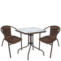 Σετ Τραπεζαρία Κήπου ArteLibre MARS Καφέ Rattan/Γυαλί/Μέταλλο Με 2 Πολυθρόνες 14990526