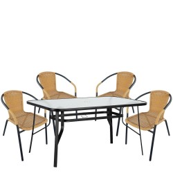 Σετ Τραπεζαρία Κήπου ArteLibre SUN Μαύρο/Μπεζ Rattan/Γυαλί/Μέταλλο Με 4 Πολυθρόνες 14990537