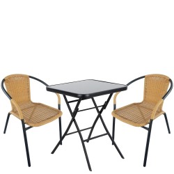 Σετ Τραπεζαρία Κήπου ArteLibre TAURUS Μαύρο/Μπεζ Rattan/Γυαλί/Μέταλλο Με 2 Πολυθρόνες 14990488