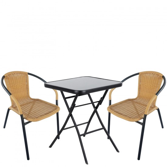 Σετ Τραπεζαρία Κήπου ArteLibre TAURUS Μαύρο/Μπεζ Rattan/Γυαλί/Μέταλλο Με 2 Πολυθρόνες 14990488