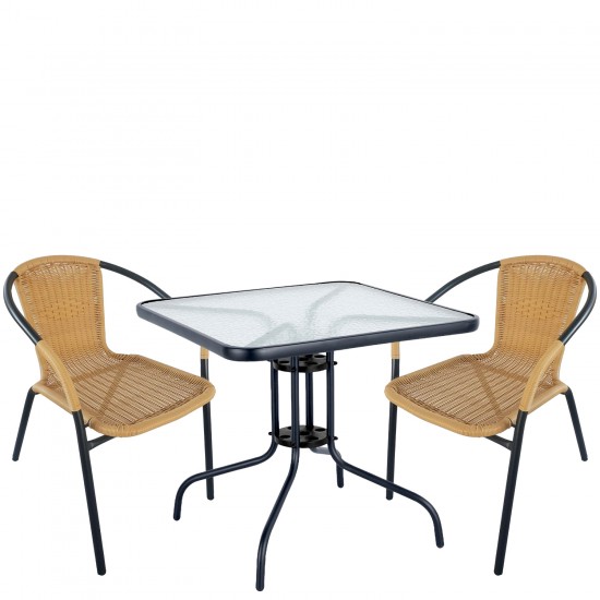 Σετ Τραπεζαρία Κήπου ArteLibre MARS Μαύρο/Μπεζ Rattan/Γυαλί/Μέταλλο Με 2 Πολυθρόνες 14990490