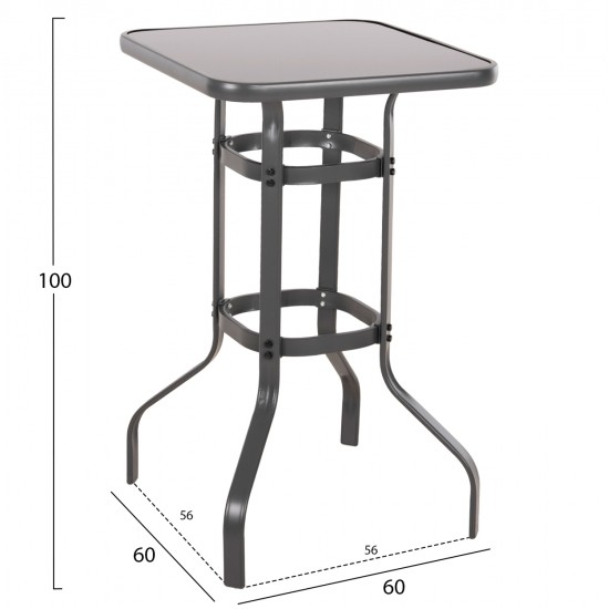 ΤΡΑΠΕΖΙ ΜΠΑΡ ΤΕΤΡΑΓΩΝΟ FIGGY HM6066.01 ΜΕΤΑΛΛΙΚΟ ΓΚΡΙ-ΓΥΑΛΙ ΑΣΦΑΛΕΙΑΣ 60x60x100Υεκ