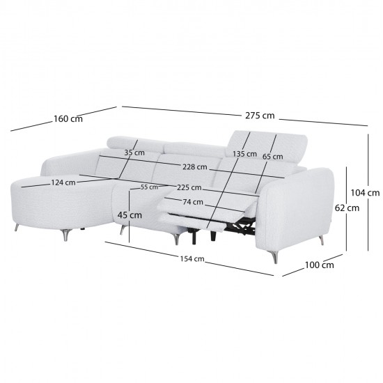ΚΑΝΑΠΕΣ ΑΡΙΣΤΕΡΗ ΓΩΝΙΑ 3Θ ΜΕ RECLINE VALENTE HM3317.01L ΑΝΟΙΧΤΟ ΓΚΡΙ ΥΦΑΣΜΑ 275x160x104Yεκ
