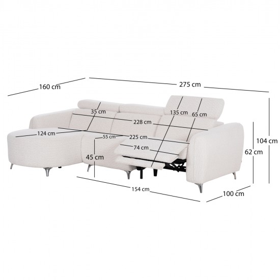 ΚΑΝΑΠΕΣ ΑΡΙΣΤΕΡΗ ΓΩΝΙΑ 3Θ ΜΕ RECLINE VALENTE HM3317.02L ΜΠΕΖ ΥΦΑΣΜΑ 275x160x104Yεκ