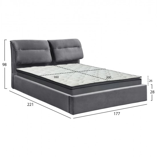 ΚΡΕΒΑΤΙ ΔΙΠΛΟ & ΣΤΡΩΜΑ KENDRA HM10720.01 ΓΚΡΙ ΒΕΛΟΥΔΟ ΜΕ ΑΠΟΘ.ΧΩΡΟ--ΓΙΑ 160x200εκ