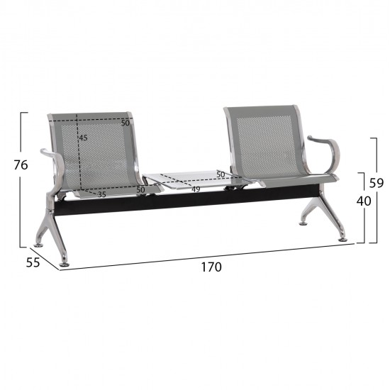 ΚΑΘΙΣΜΑ ΑΝΑΜΟΝΗΣ Τ.ΑΕΡΟΔΡΟΜΙΟΥ 2ΘΕΣΙΟ+ΤΡΑΠΕΖΙ AVIATOR HM18402 ΜΕΤΑΛΛΟ MESH ΓΚΡΙ 170x55x76Υεκ