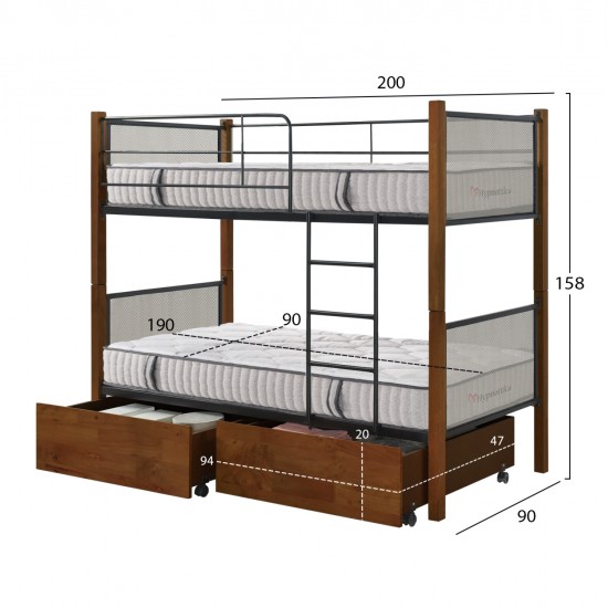 ΚΟΥΚΕΤΑ ΜΕ 2 ΣΥΡΤΑΡΙΑ & 2 ΣΤΡΩΜΑΤΑ 90X190εκ RAYVEN HM10968.01 ΞΥΛΟ ΚΑΡΥΔΙ ΚΑΙ ΜΕΤΑΛΛΟ