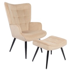 Πολυθρόνα Μπερζέρα Με Υποπόδιο ArteLibre LENNOX Μπεζ Βελούδο/Ξύλο 96x68x73cm