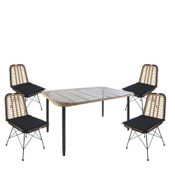 Σετ Τραπεζαρία Κήπου ArteLibre ANNIUS Φυσικό/Μαύρο Μέταλλο/Rattan/Γυαλί Με 4 Καρέκλες 14990301